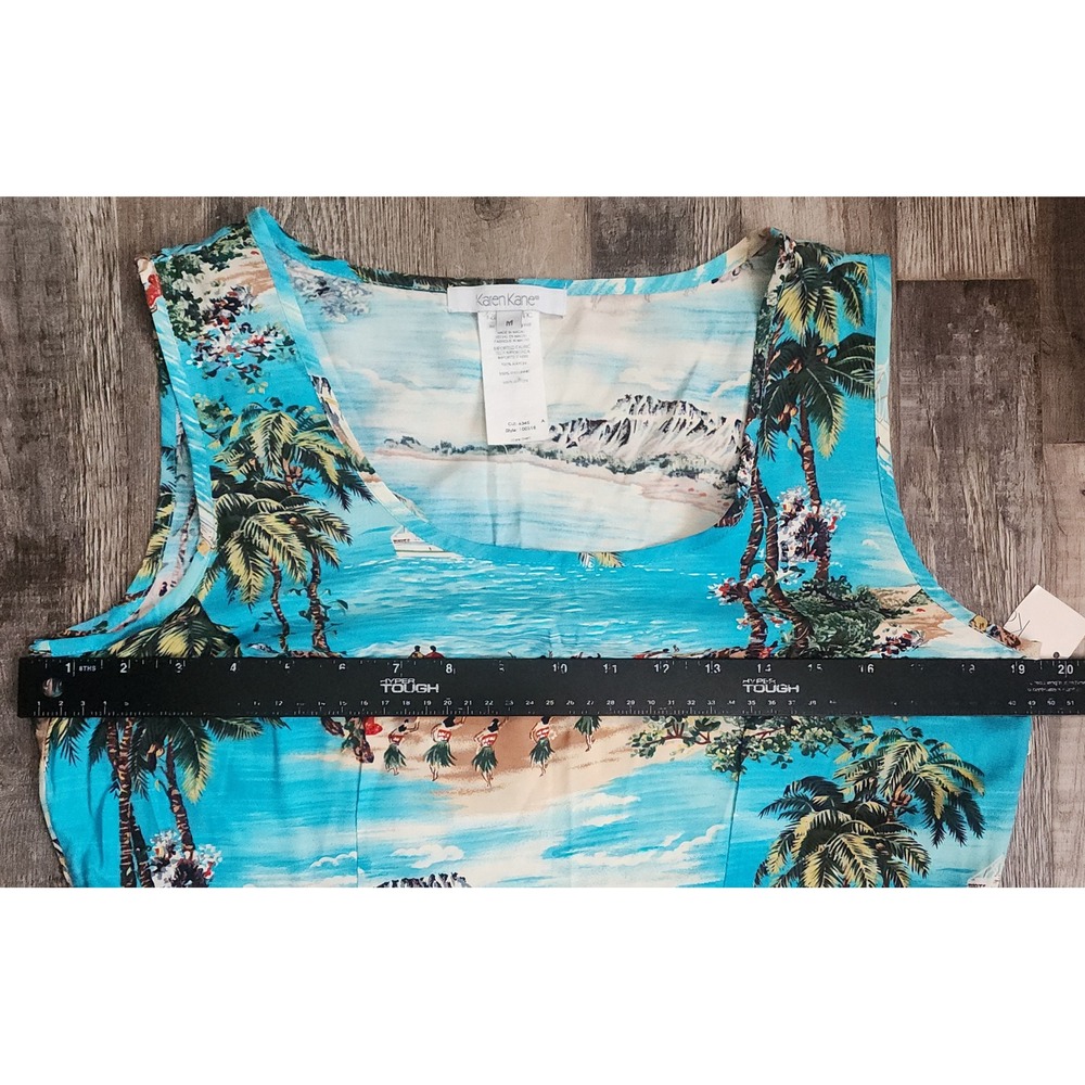 Karen Kane Maxi Dress Womens Medium Blue Tropical Hawaiian Beach Scene Rayon - Picture 4 of 7